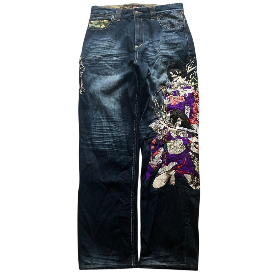 豪華刺繍 抜刀娘 W32 和柄 ダメージ加工 ワイドストレートデニム 絡繰魂