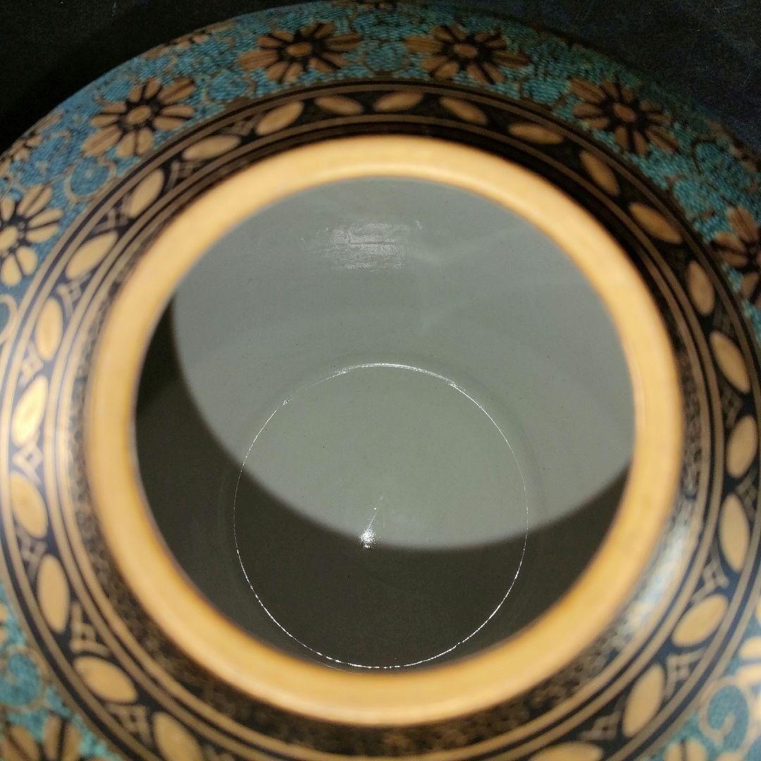 C7-4/九谷洋山/陶仙造/青粒唐草模様金彩花瓶/花入/花生/花器/華道具