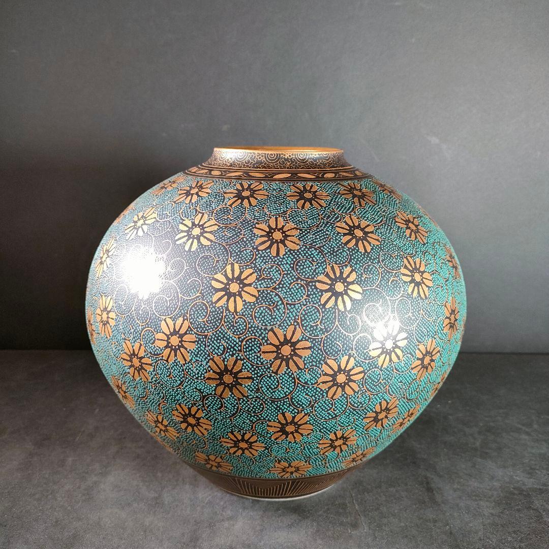 C7-4/九谷洋山/陶仙造/青粒唐草模様金彩花瓶/花入/花生/花器/華道具