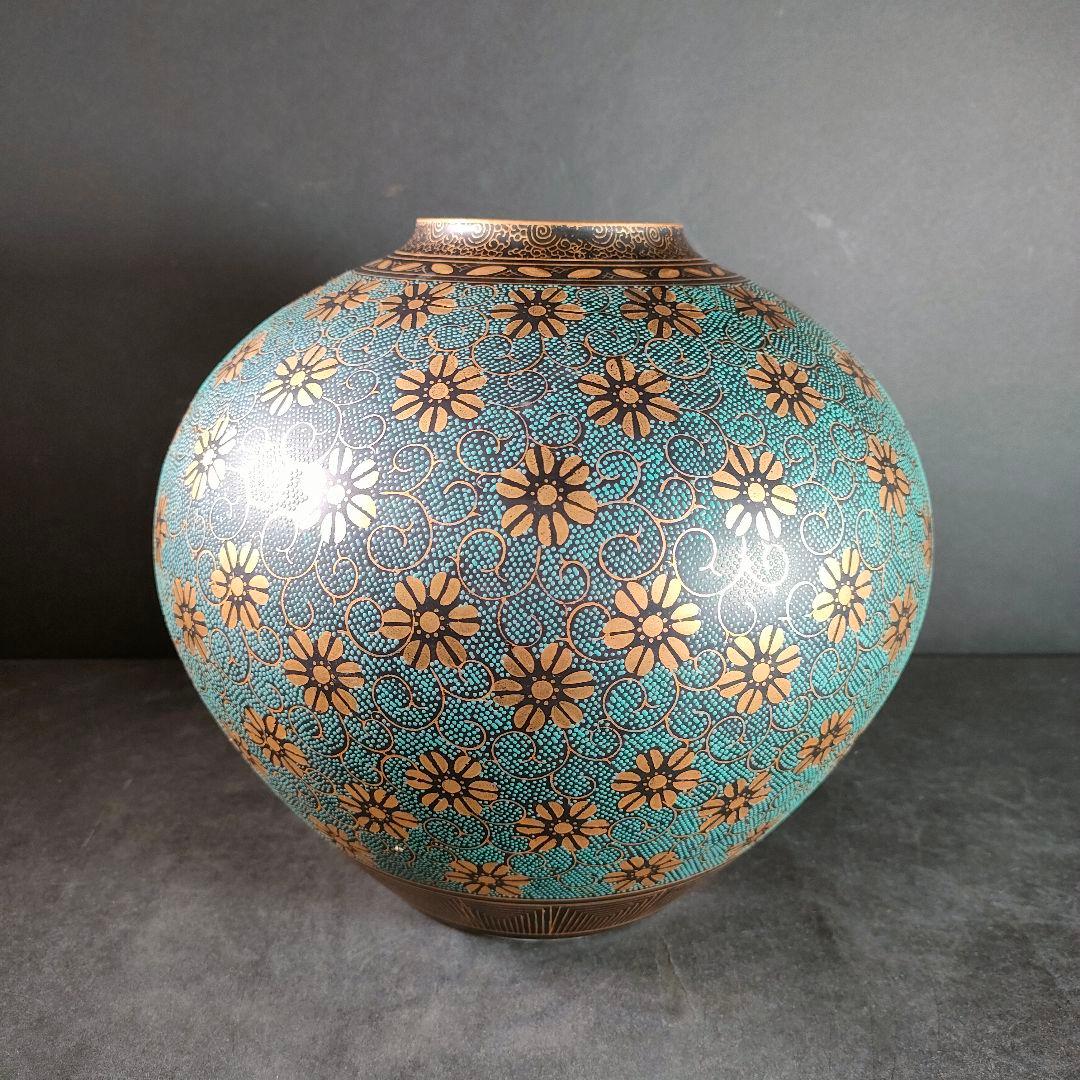 C7-4/九谷洋山/陶仙造/青粒唐草模様金彩花瓶/花入/花生/花器/華道具