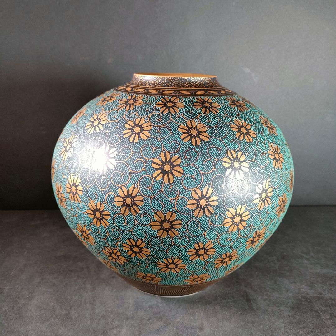 C7-4/九谷洋山/陶仙造/青粒唐草模様金彩花瓶/花入/花生/花器/華道具