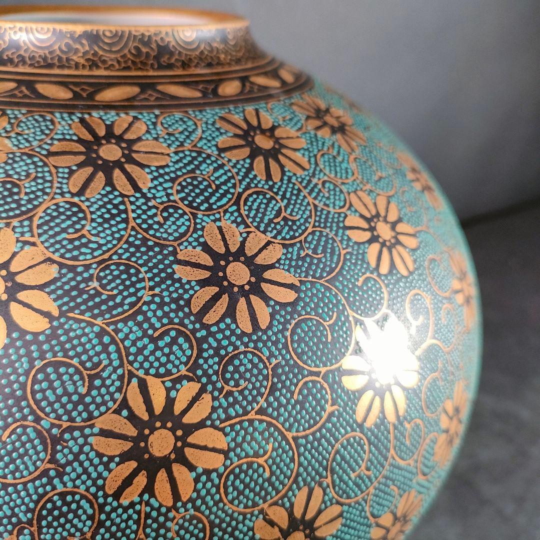 C7-4/九谷洋山/陶仙造/青粒唐草模様金彩花瓶/花入/花生/花器/華道具