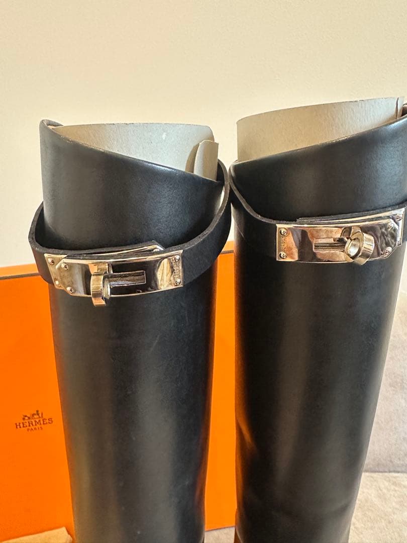本物箱保存袋エルメスHERMESジャンピング黒革ケリーブーツシルバー金具37