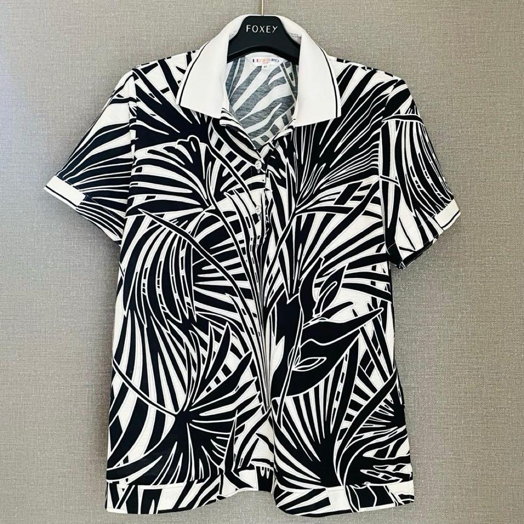 ✨近年 未使用級✨レオナール モノトーンボタニカルポロシャツ トリム ロゴ XL