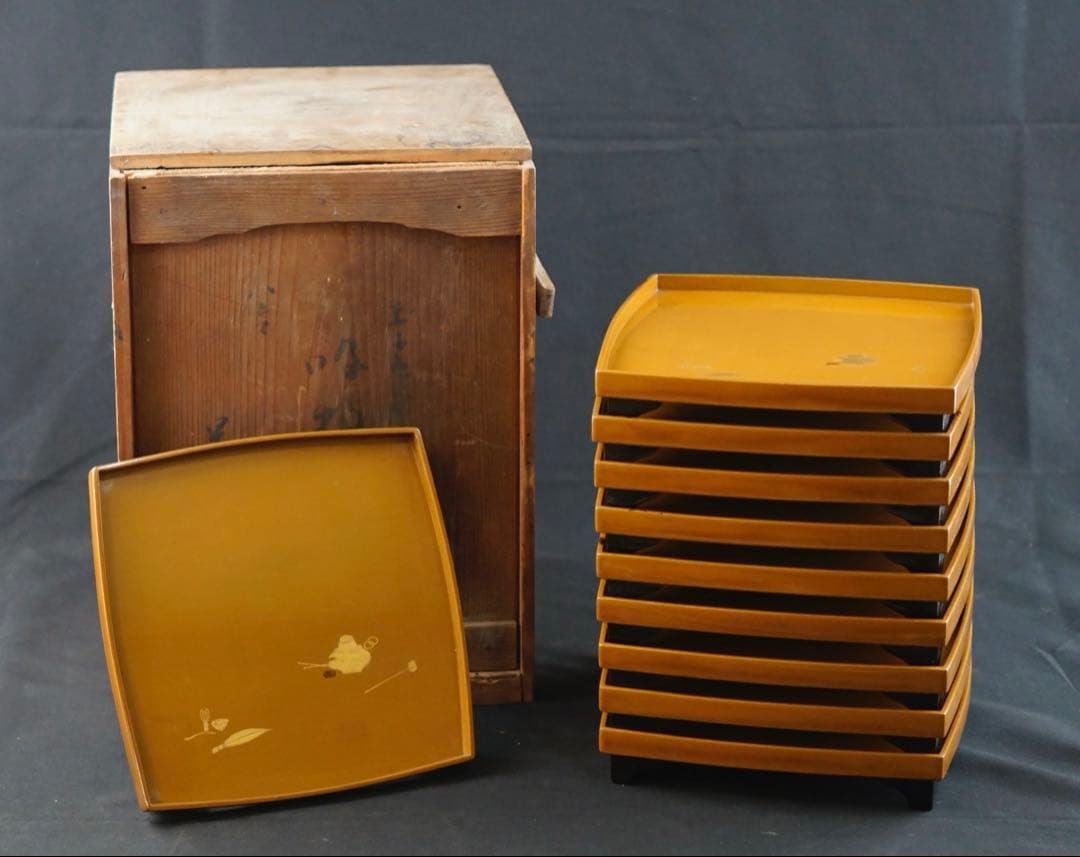 時代　漆器　蒔絵　吸物膳　10客　共箱　木製