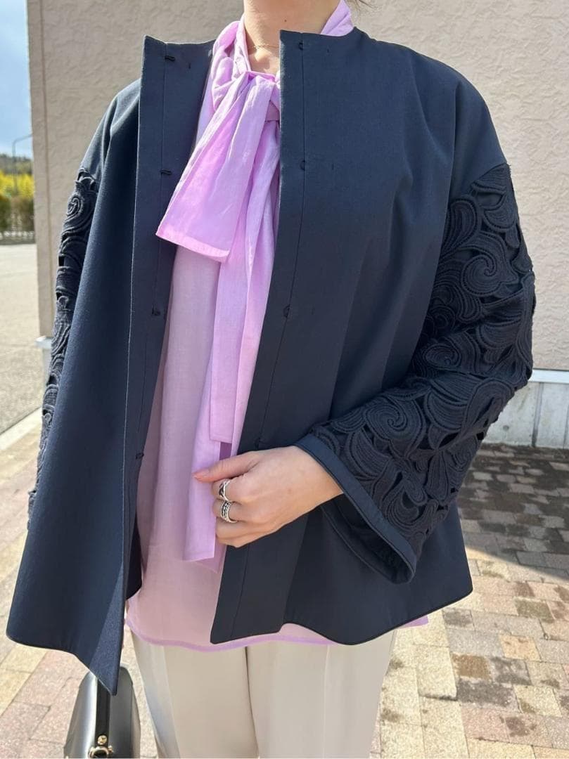 美品 ドゥロワー 7万円 オーガンジー素材リボンシャツ ブラウス Drawer