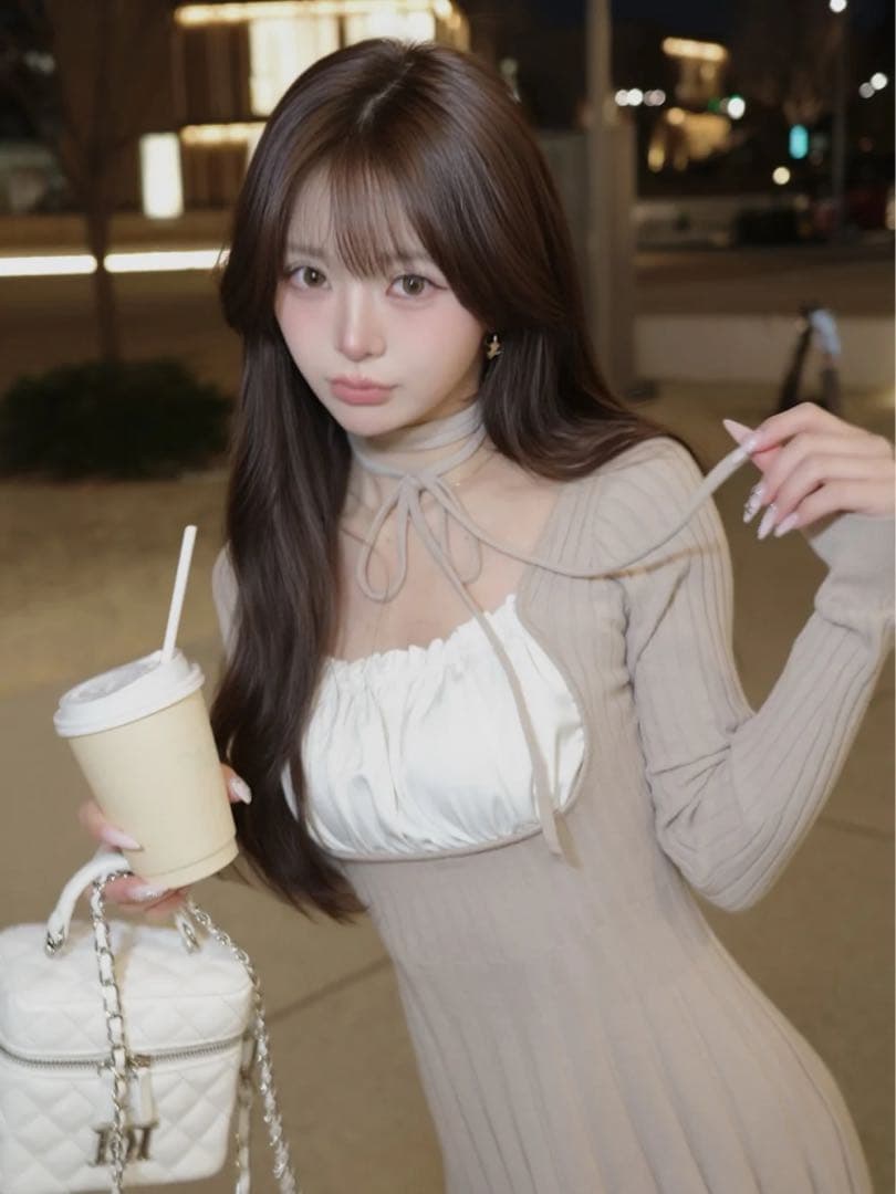 ネックリボンデザインフレアニットミニワンピース FL