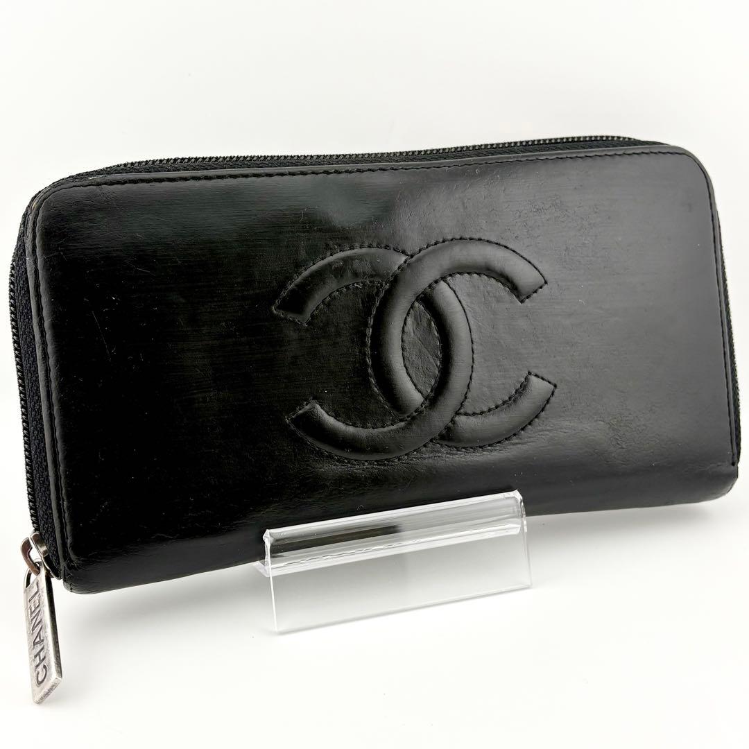 【Gカード付✨】シャネル ラムスキン ラウンドファスナー 長財布 デカココ 黒