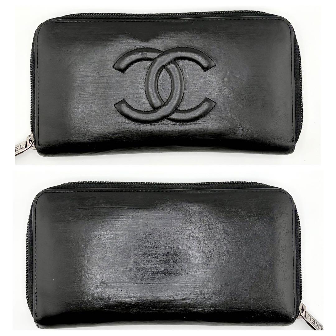 【Gカード付✨】シャネル ラムスキン ラウンドファスナー 長財布 デカココ 黒