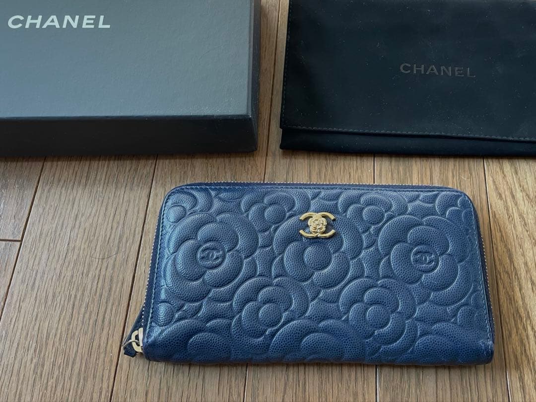 美品　CHANEL シャネル　カメリア　長財布　希少　ネイビーブルー　ウォレット