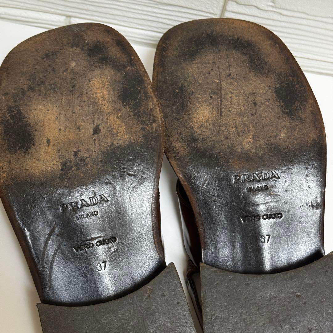 プラダ PRADA サンダル ブラウン ビッグバックル ヴィンテージ風 37