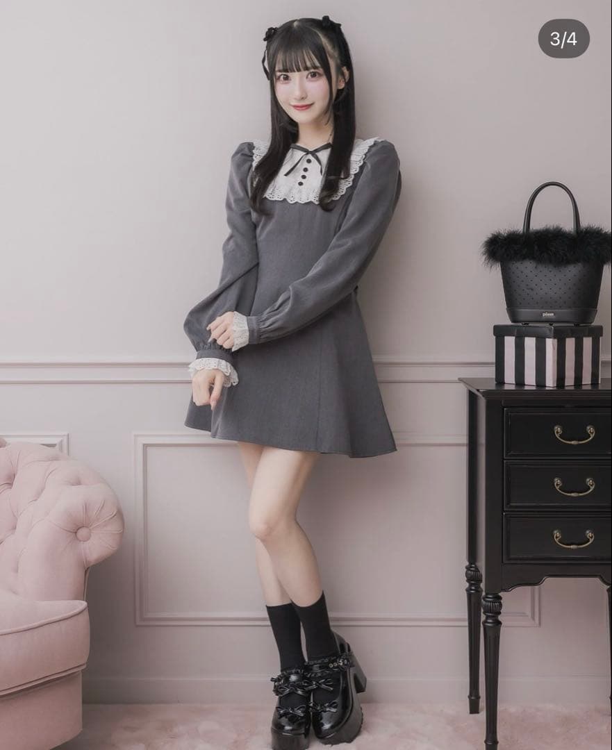 pium ピウム コットンレース長袖カフェワンピース　 チャコール