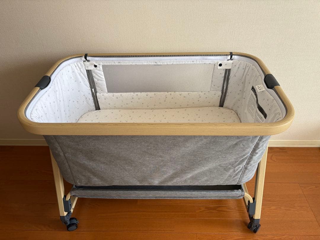 HZDMJ ベビーベッド　グレー　折りたたみ　キャスター付き　高さ調整可能