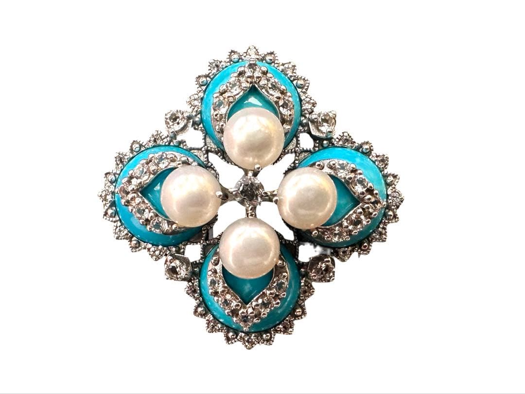 碌山　ターコイズとパールのブローチ
