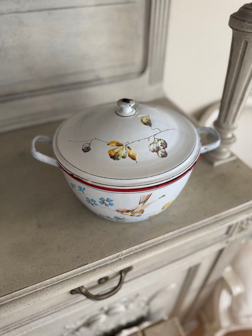 フランスアンティークJapy社小鳥とベリーのホーロースーピエールチューリーン