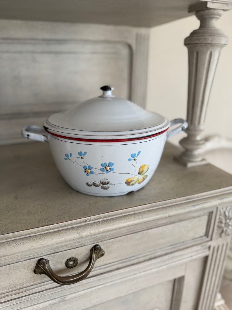 フランスアンティークJapy社小鳥とベリーのホーロースーピエールチューリーン