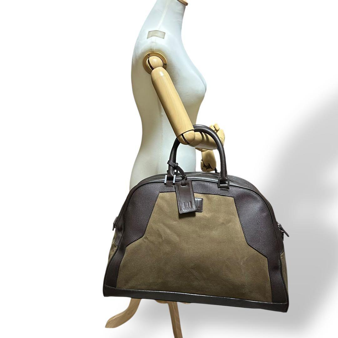 良品 584 ダンヒル ボストンバッグ A4 レザー キャンバス ダークブラウン