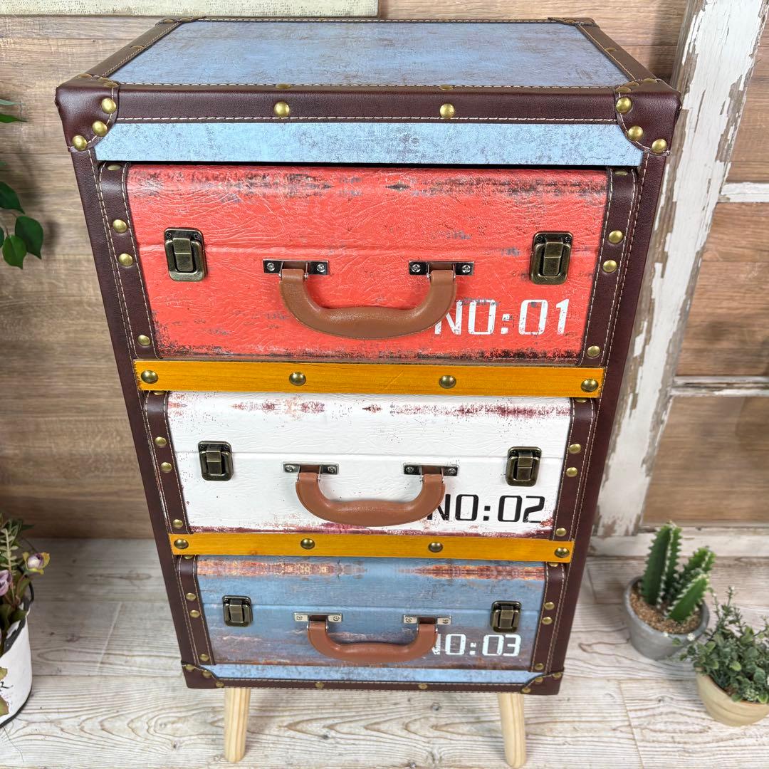 アンティーク調レザートランクチェスト三段脚付（41㎝×80㎝）洋タンス木製飾り棚