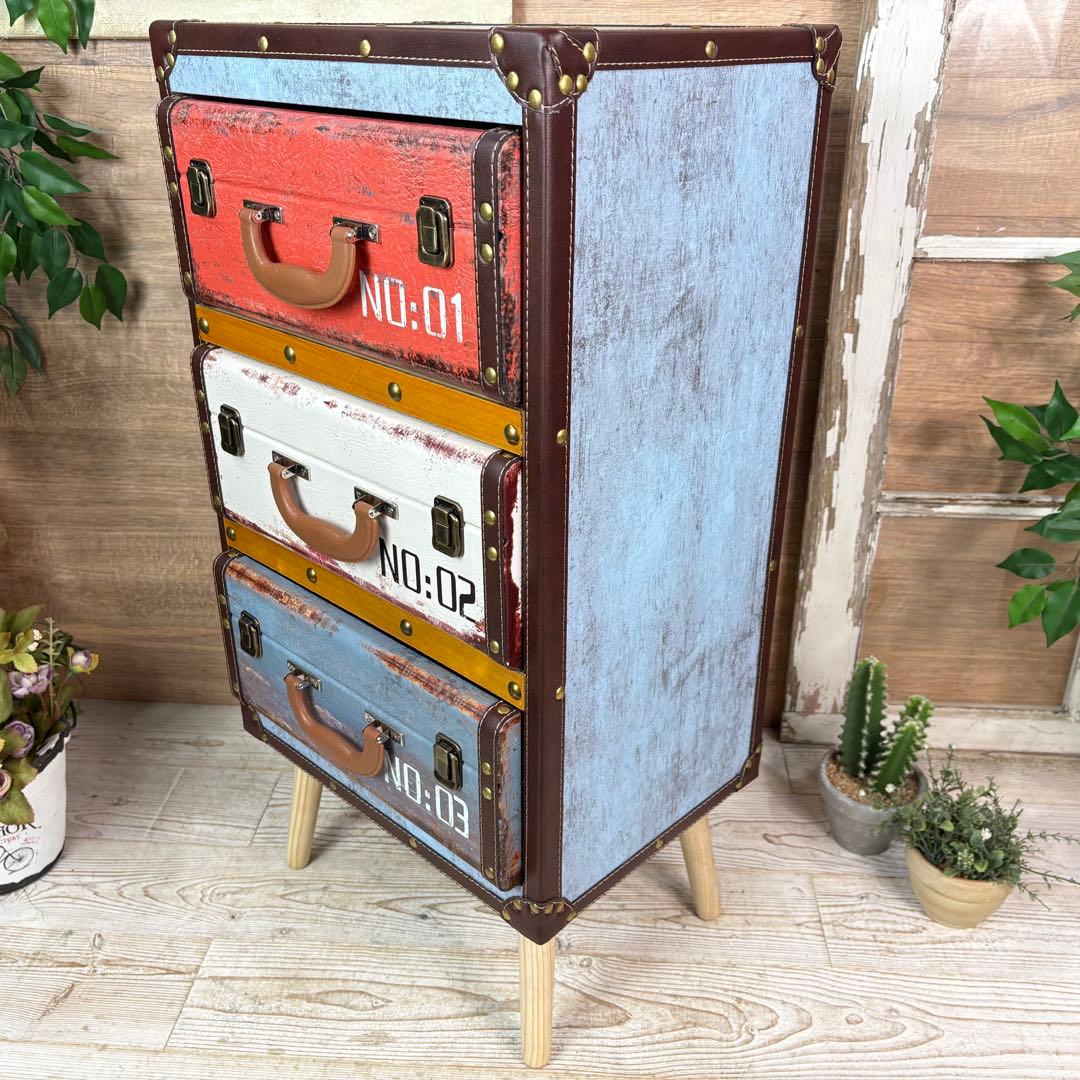 アンティーク調レザートランクチェスト三段脚付（41㎝×80㎝）洋タンス木製飾り棚