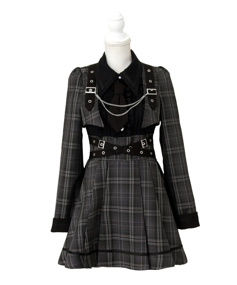 ジャケット風チェーンネクタイベルトプリーツワンピースDearmyLoveWhip