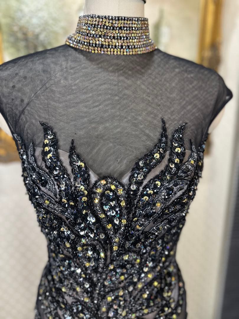 JAVANI☆エレガントなブラックビーズ刺繍ドレス