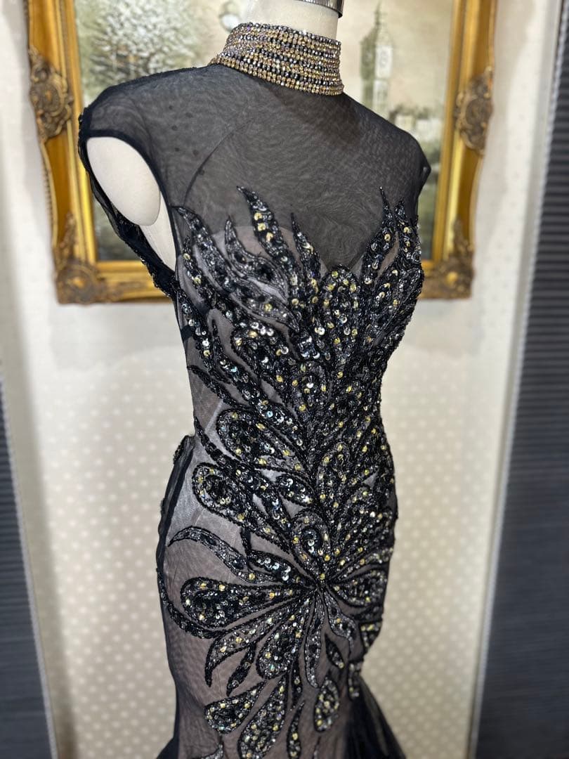 JAVANI☆エレガントなブラックビーズ刺繍ドレス