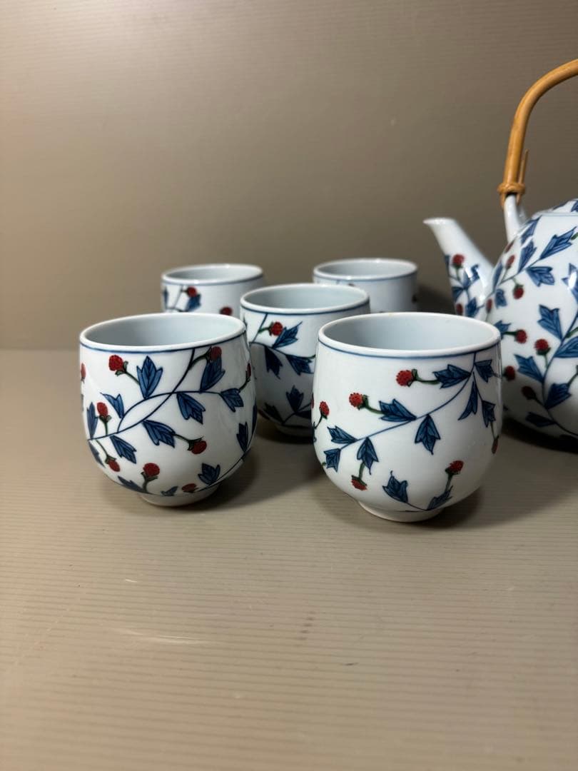 2199 源右衛門 染錦苺絵 茶器セット　急須1客　湯呑5客