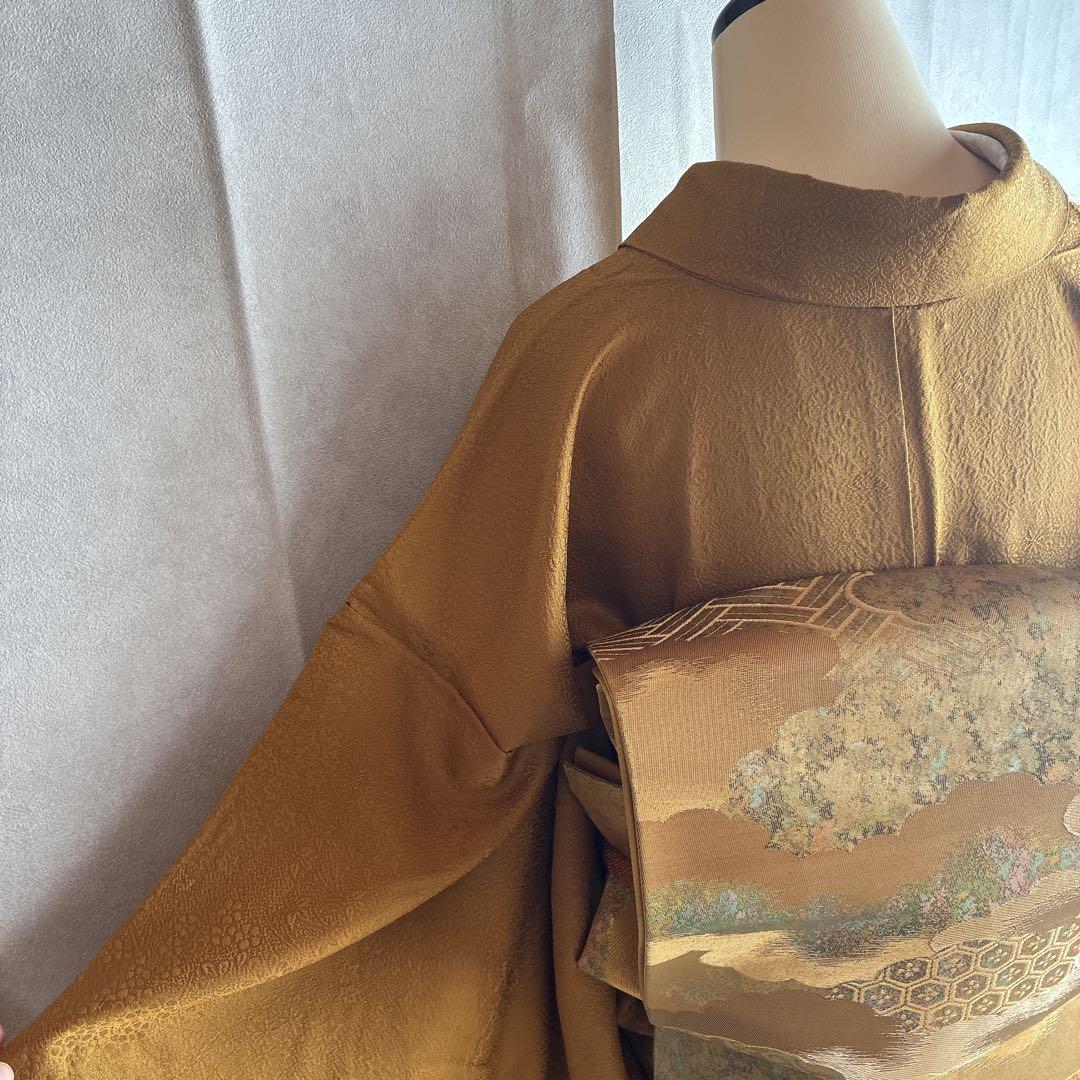 色無地　フルセット　着物　正絹　卒業式　入学式　植物地紋　山吹色　G9