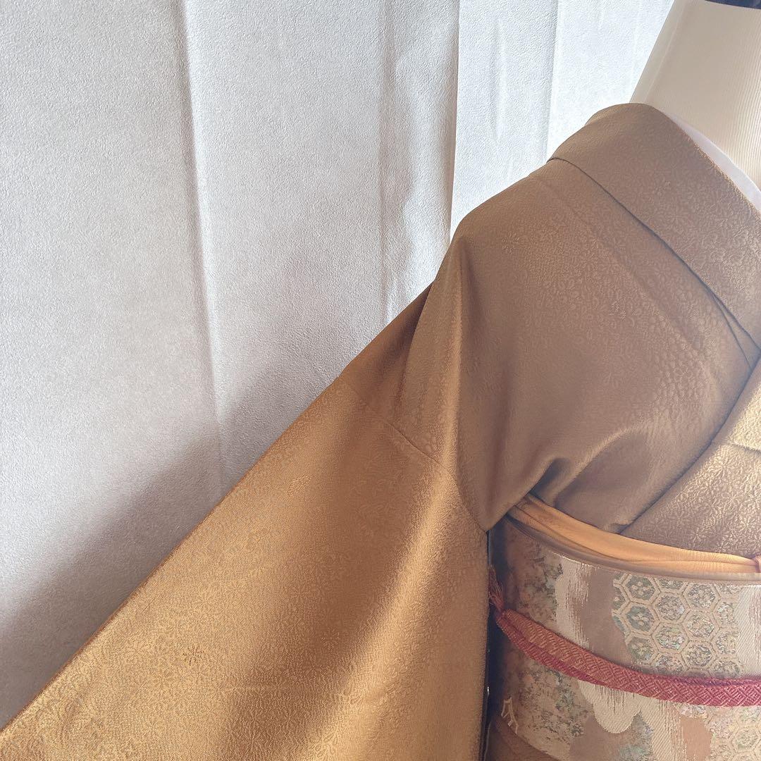 色無地　フルセット　着物　正絹　卒業式　入学式　植物地紋　山吹色　G9