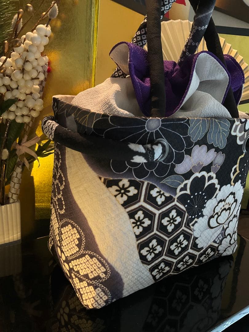 一閑張り　一閑張りバッグ　古文書　和紙　花絵柄　大正　着物　梅　京友禅　牡丹　菊