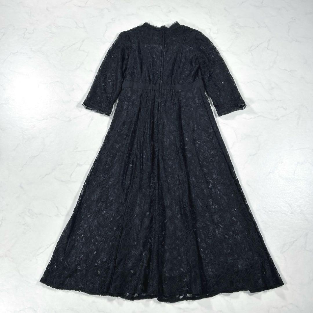 カラルス　スタンドカラーウエスト切替総レースワンピースドレス　ブラック　L