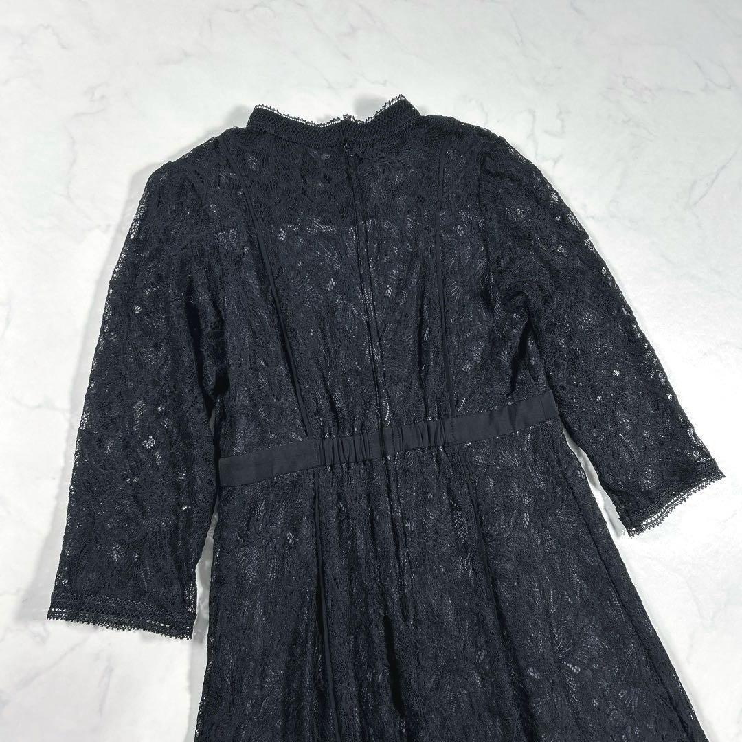 カラルス　スタンドカラーウエスト切替総レースワンピースドレス　ブラック　L