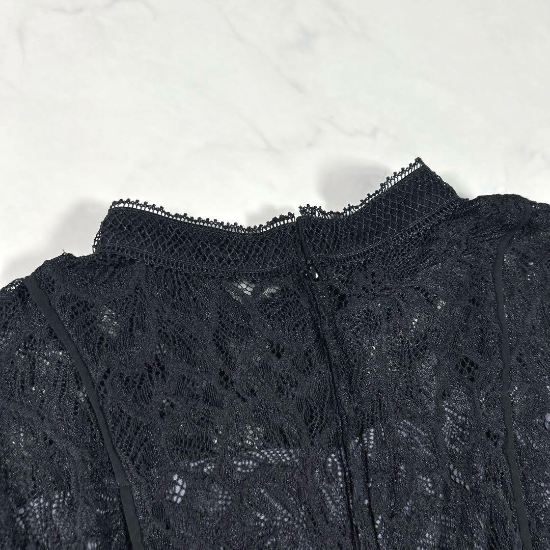 カラルス　スタンドカラーウエスト切替総レースワンピースドレス　ブラック　L