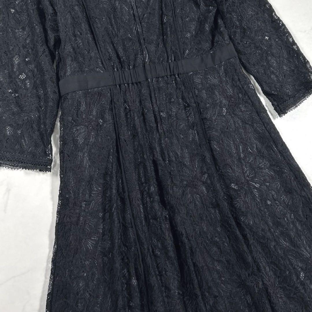 カラルス　スタンドカラーウエスト切替総レースワンピースドレス　ブラック　L
