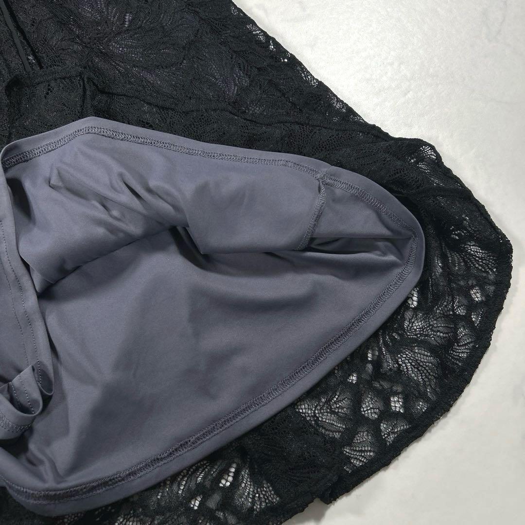 カラルス　スタンドカラーウエスト切替総レースワンピースドレス　ブラック　L