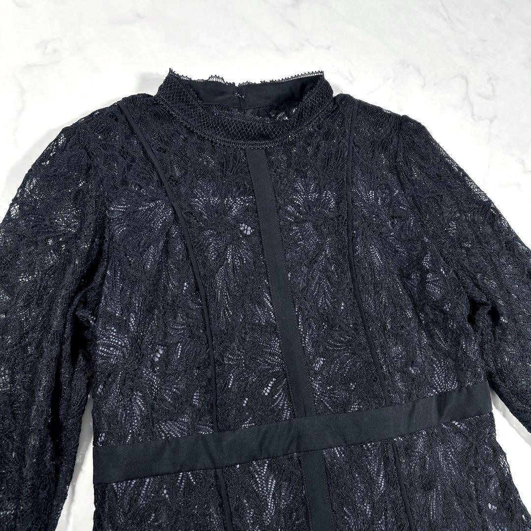 カラルス　スタンドカラーウエスト切替総レースワンピースドレス　ブラック　L