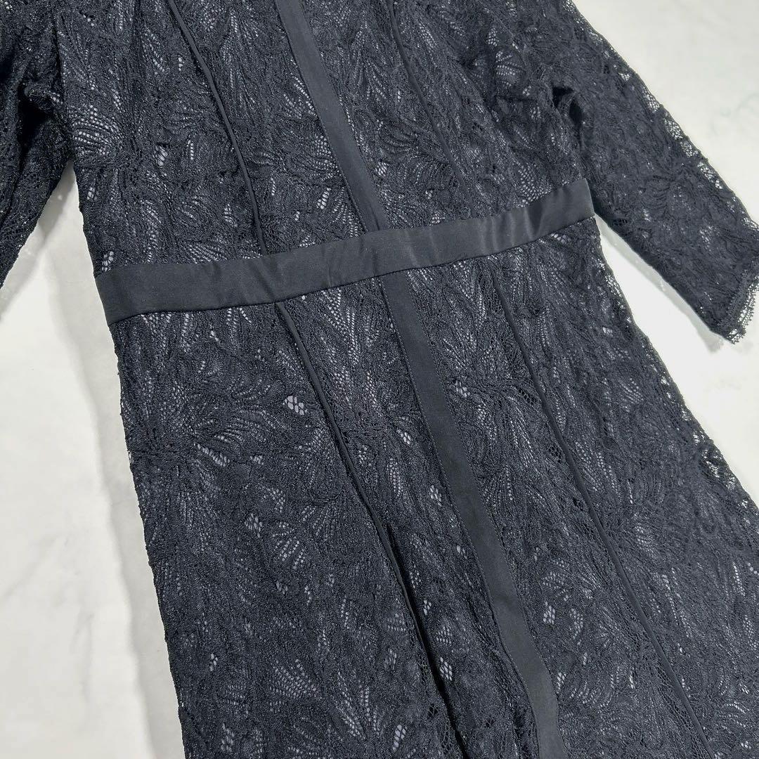 カラルス　スタンドカラーウエスト切替総レースワンピースドレス　ブラック　L