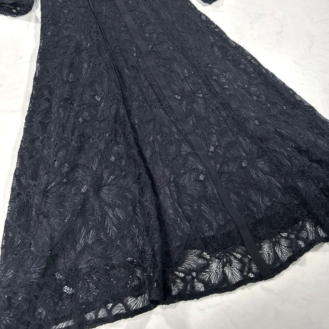 カラルス　スタンドカラーウエスト切替総レースワンピースドレス　ブラック　L