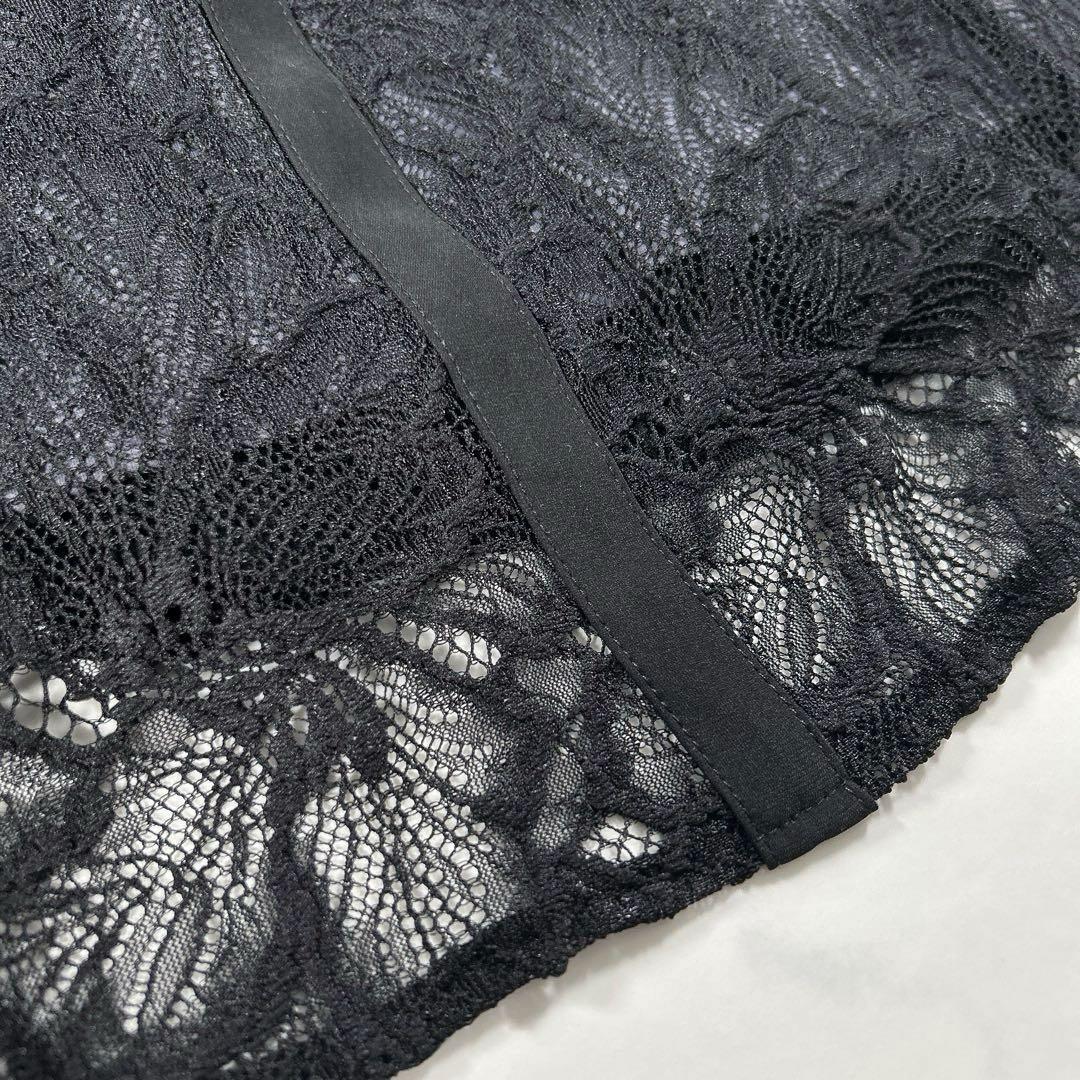 カラルス　スタンドカラーウエスト切替総レースワンピースドレス　ブラック　L