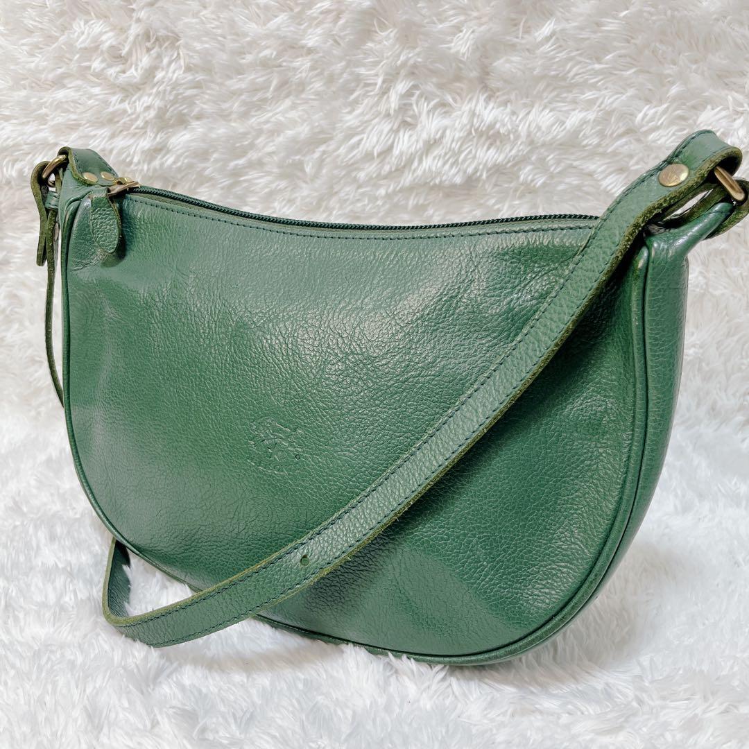 【希少色】イルビゾンテ ハーフムーン エンボスロゴ ショルダーバッグ 緑 レザー