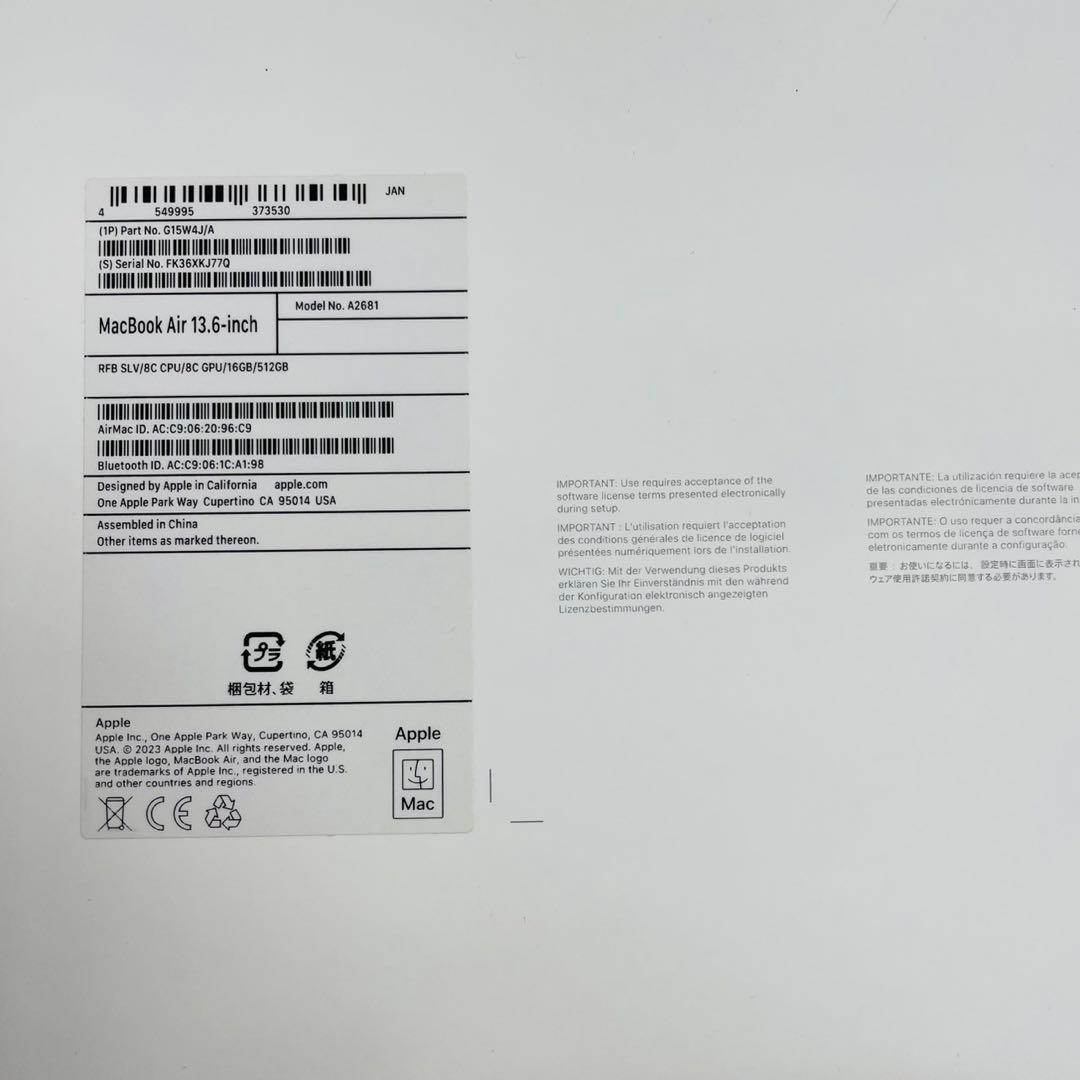 MacBook本体 MacBook Air 2023 M2 16GB 512GB WW7789