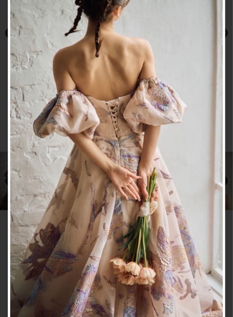 ドレスプロダクションパフスリーブジャガードフラワープリント カラードレス