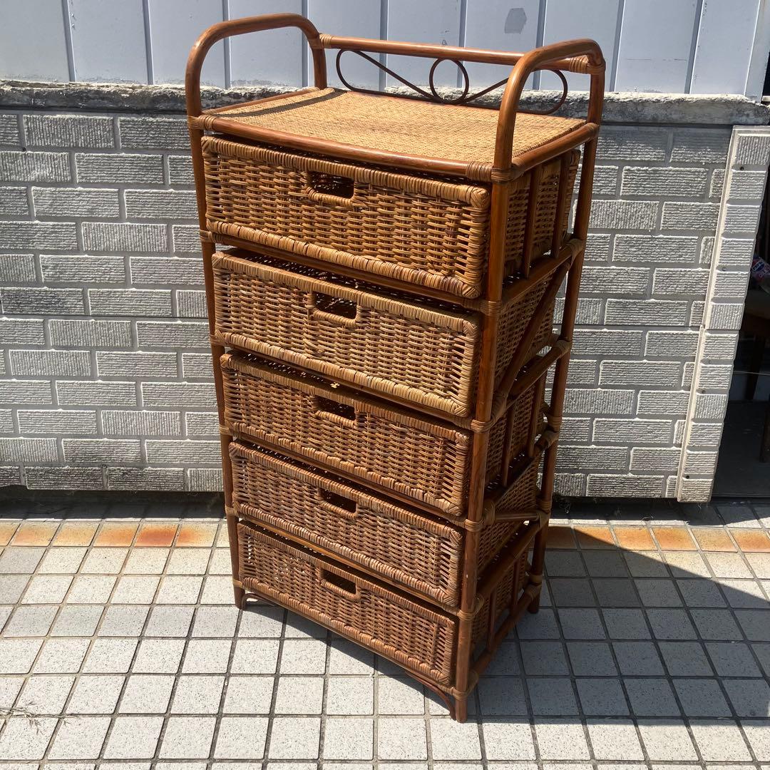 昭和レトロ ラタンチェスト 5段 引き出し箪笥 古家具 ビンテージヴィンテージ