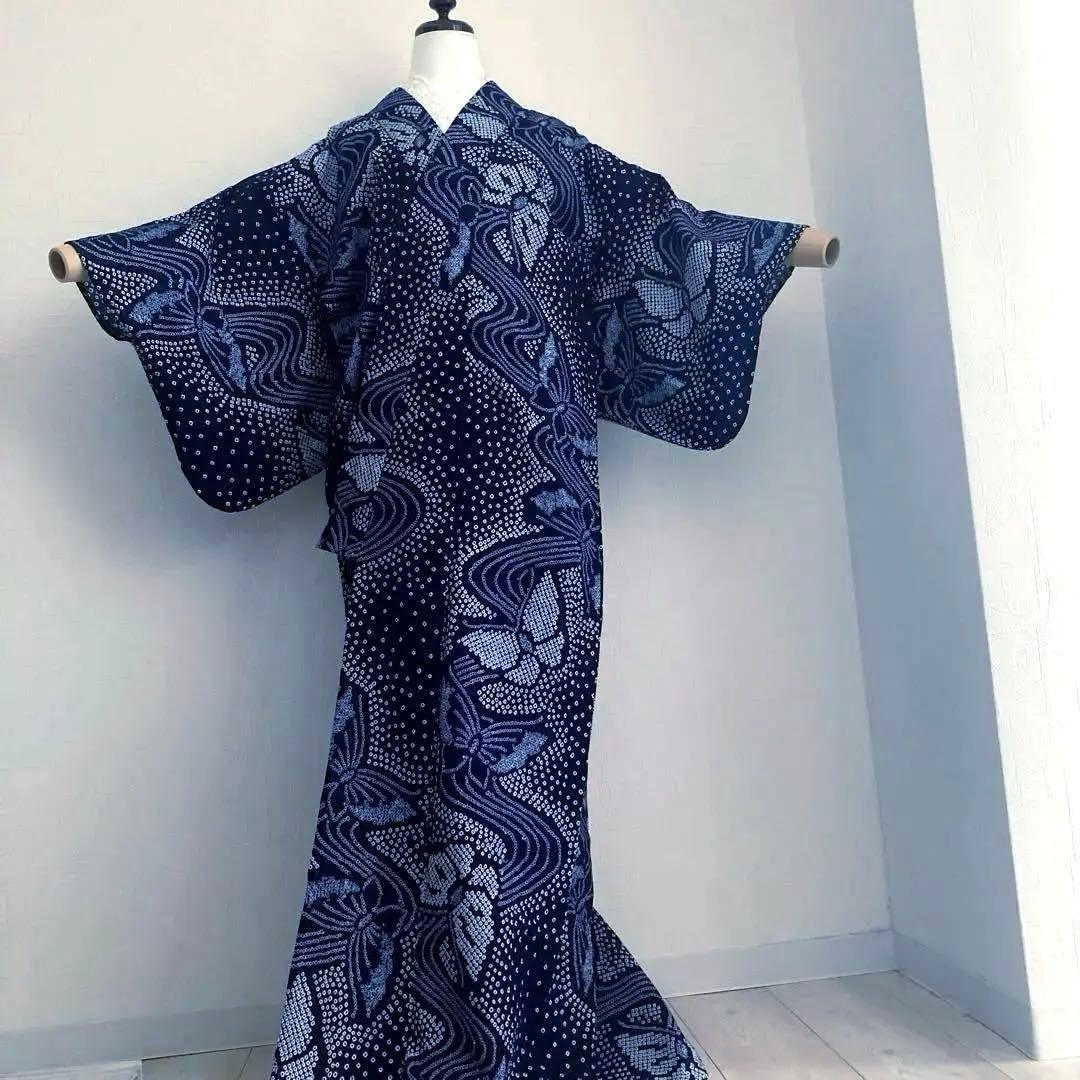有松鳴海絞り　有松絞り　手縫い浴衣　上質　蝶々　濃紺　絞り浴衣　No.2-90