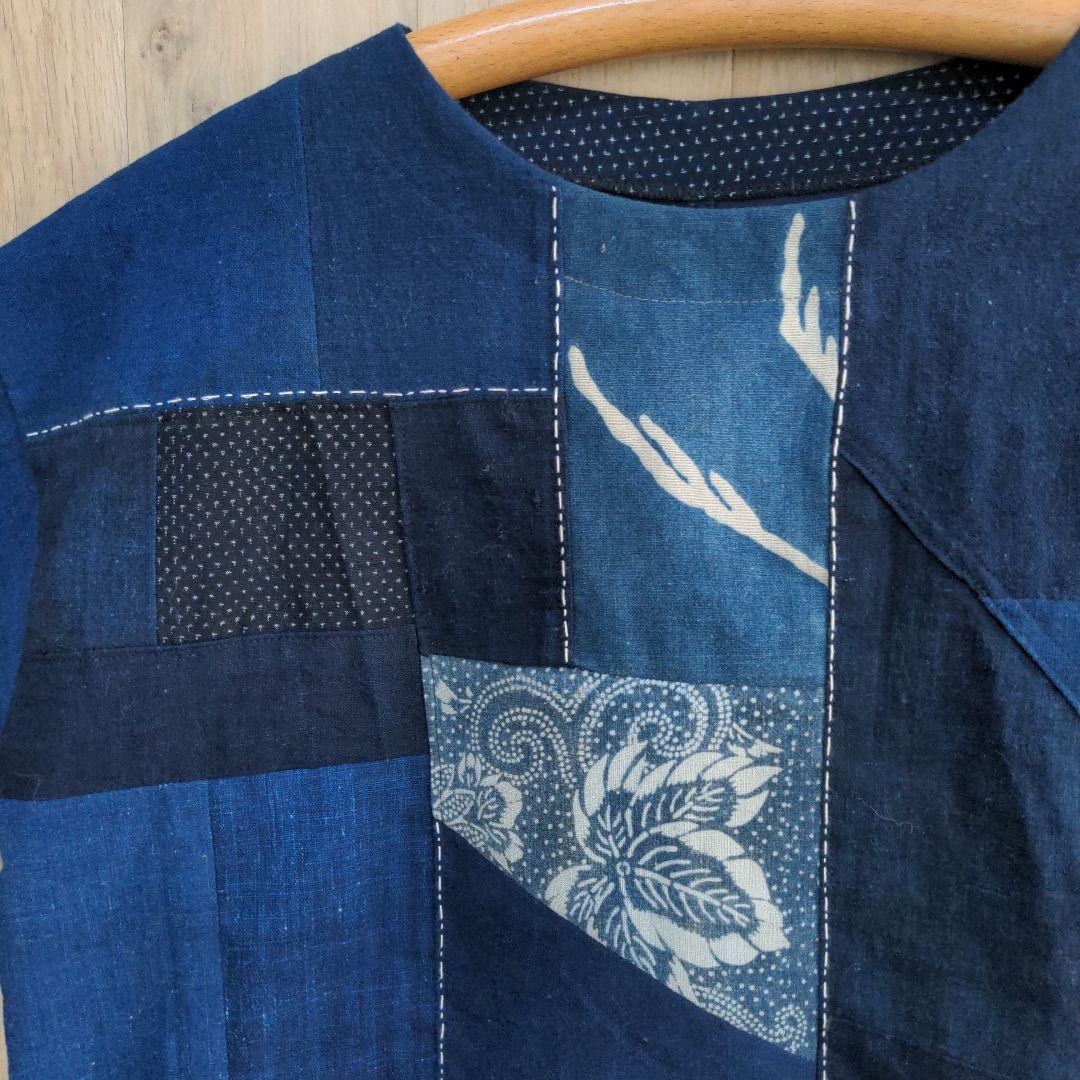 古布リメイク　筒描き　型染め　 藍染め木綿　プルオーバー