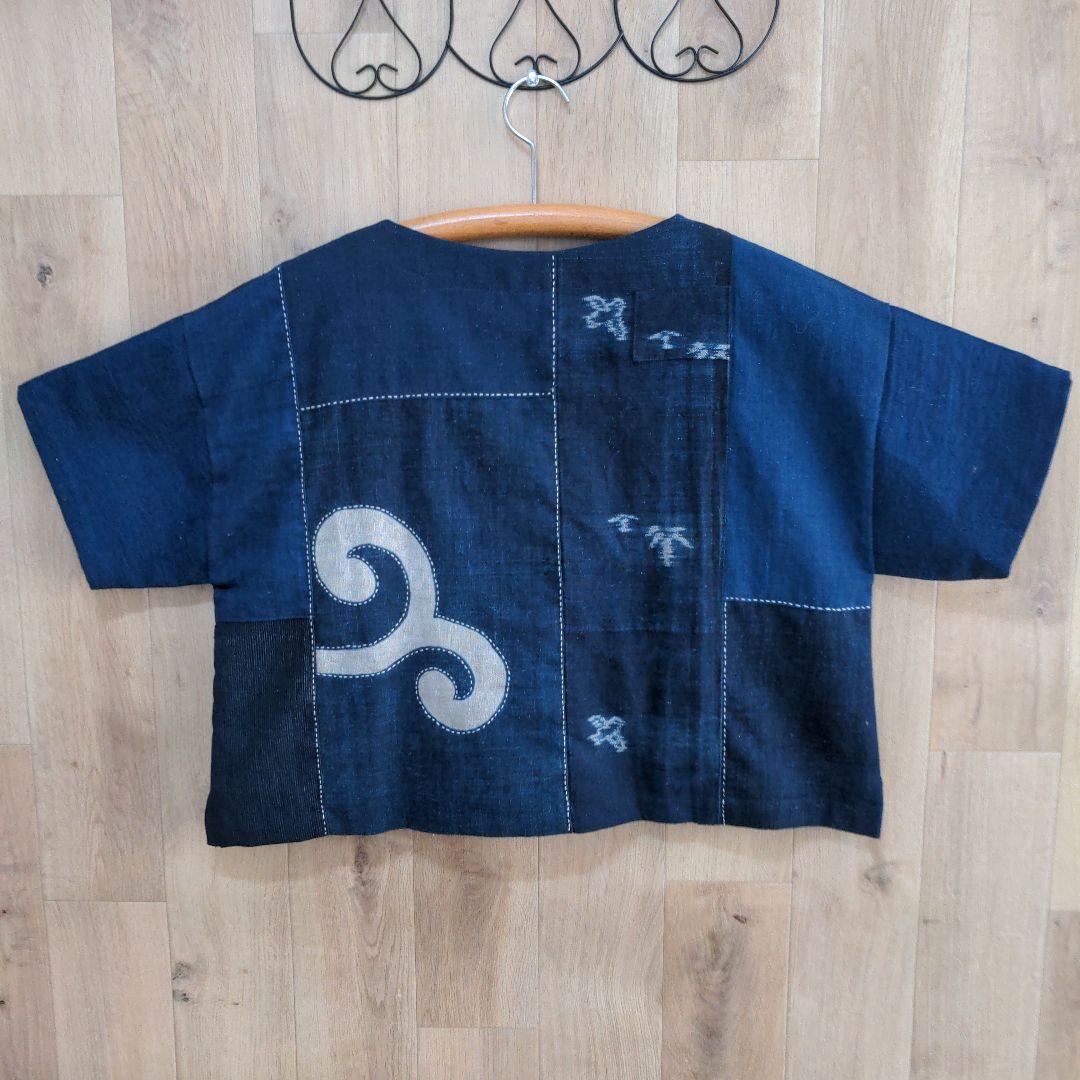 古布リメイク　筒描き　型染め　 藍染め木綿　プルオーバー