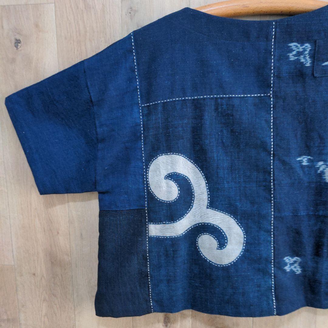 古布リメイク　筒描き　型染め　 藍染め木綿　プルオーバー