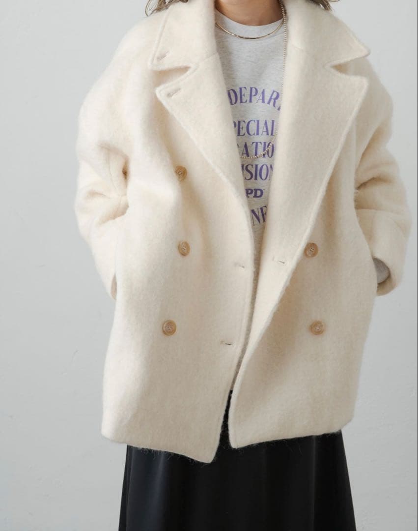 Omekashi アイボリー シャギースタンドピーコート　 ウールコート