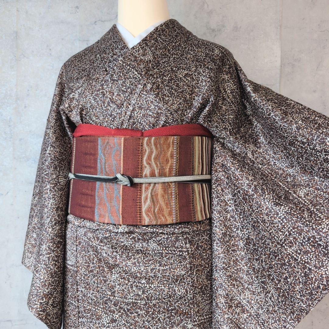 小紋　フルセット　着物　正絹　星屑　ダークブラウン　F5