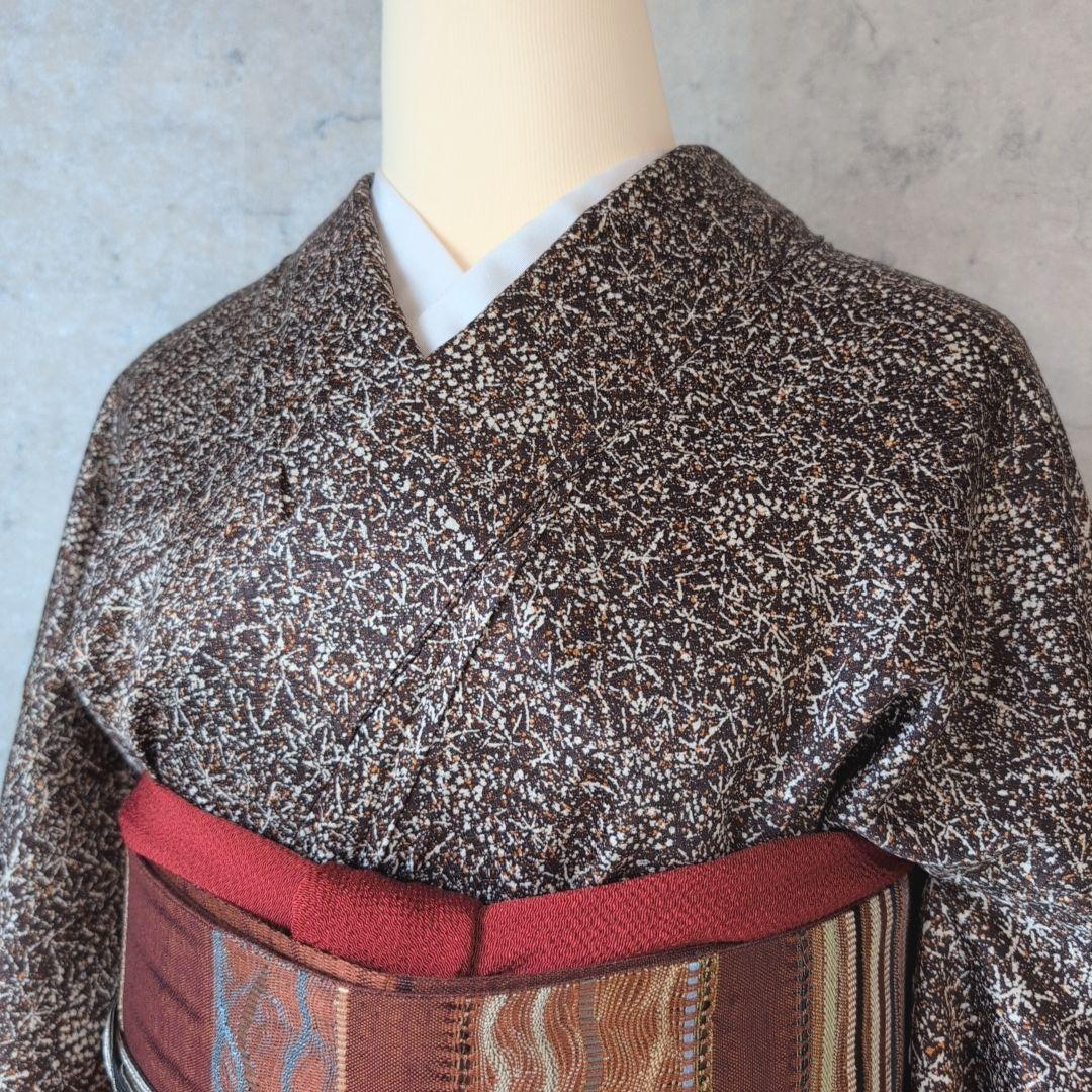 小紋　フルセット　着物　正絹　星屑　ダークブラウン　F5